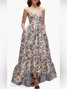 Dessy Collection Strapless Floral Dress in Cream and Blue